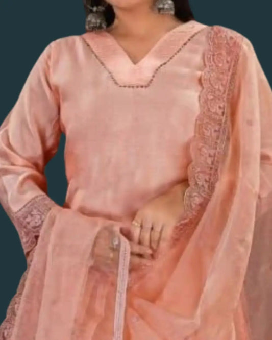 Peach Roman Silk Kurti with Organza Dupatta & Pant Set