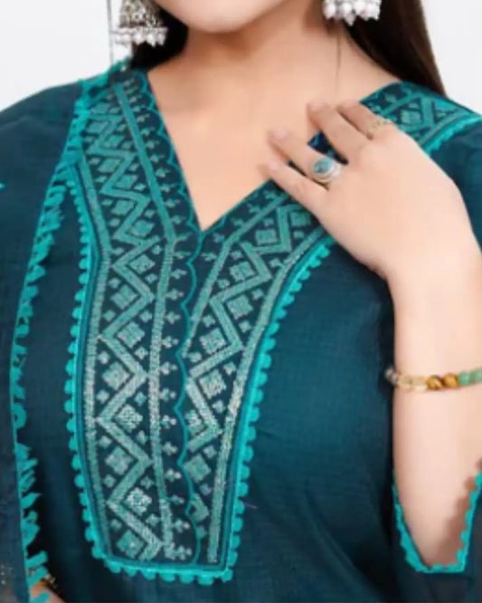Teal Green Kota Check Kurti with Pant & Dupatta Set
