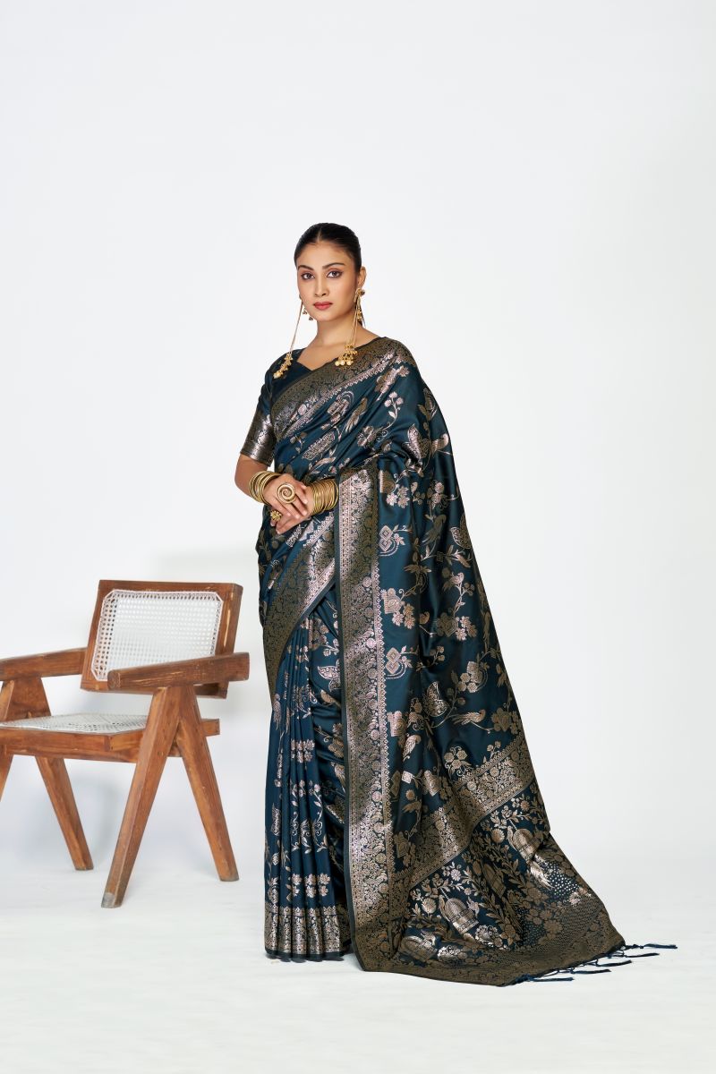 Fashion Dream Womens navy blue banarasi silk Saree