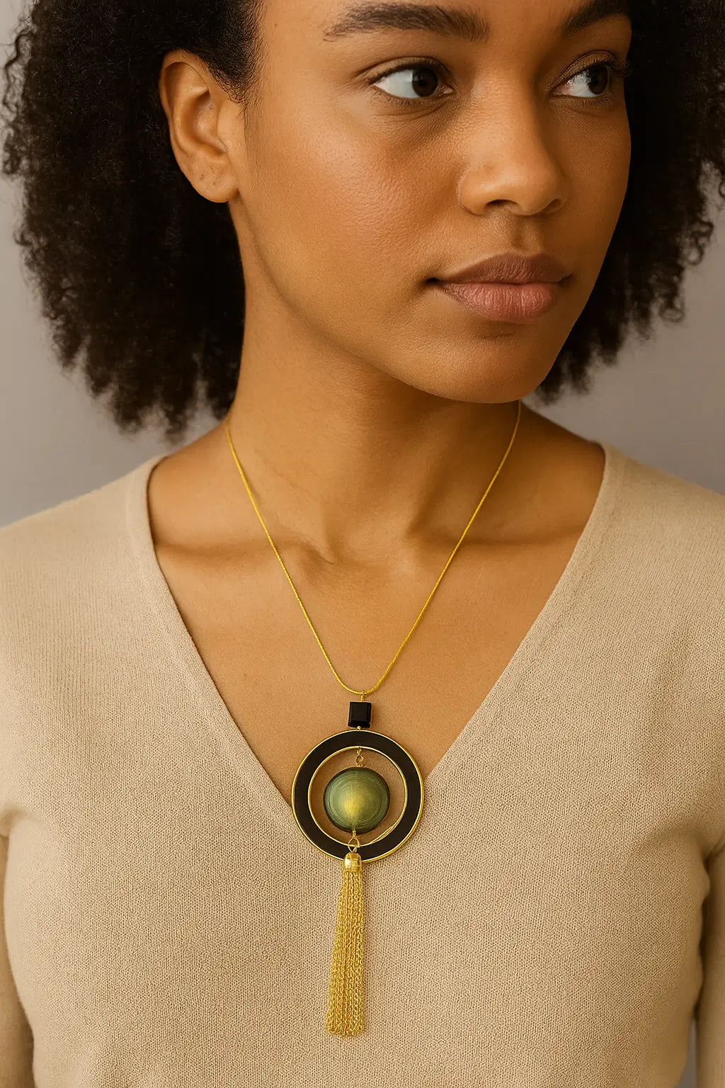 Antique Gold Tassel Necklace with Enamel Accent