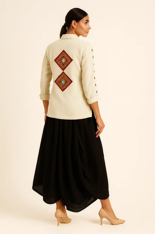Black Rayon Cowl Skirt with Ivory Khadi Shirt Co-Ord Set for Women