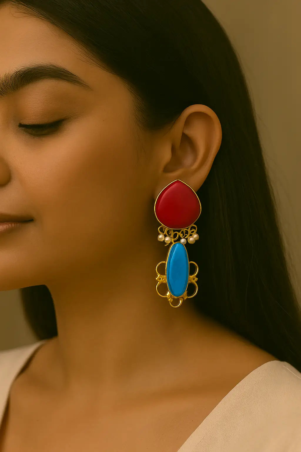 Bold Red & Blue Statement Earrings with Gold Touch
