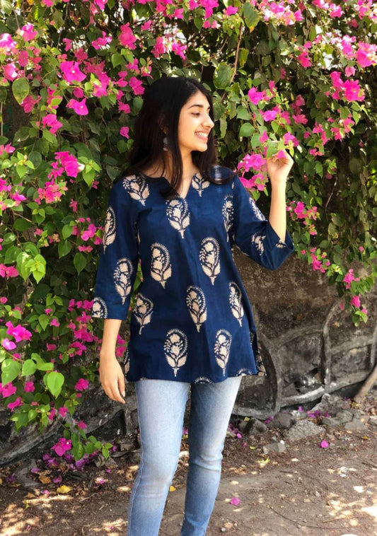 Pure Cotton Short Kurta – Blue