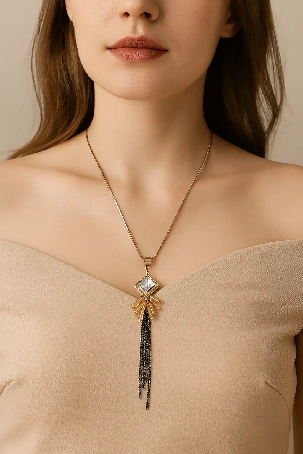 Crystal Drop Pendant Necklace with Tassel Chain