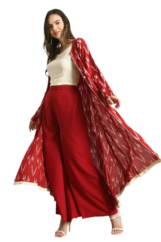 Red Ikat Print 3 Pc Co-Ord Set