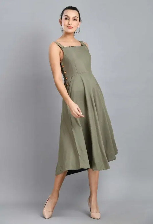 Mehendi Green Wood Button Linen Dress