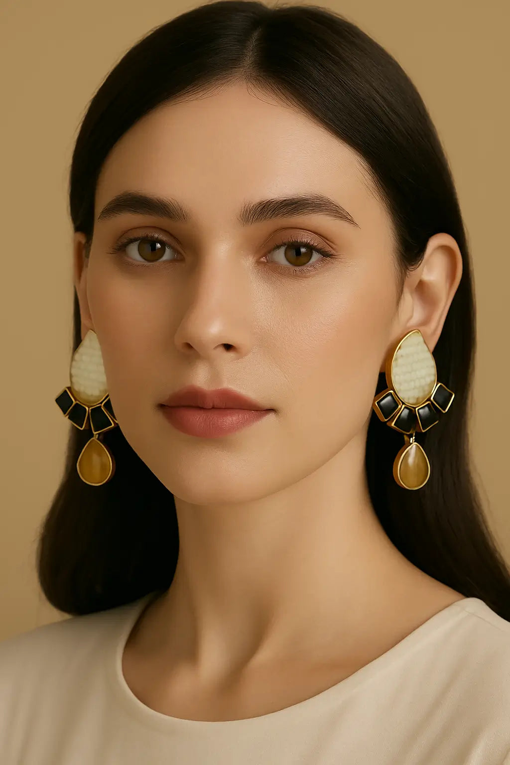 Black & Gold Statement Earrings with White Stud