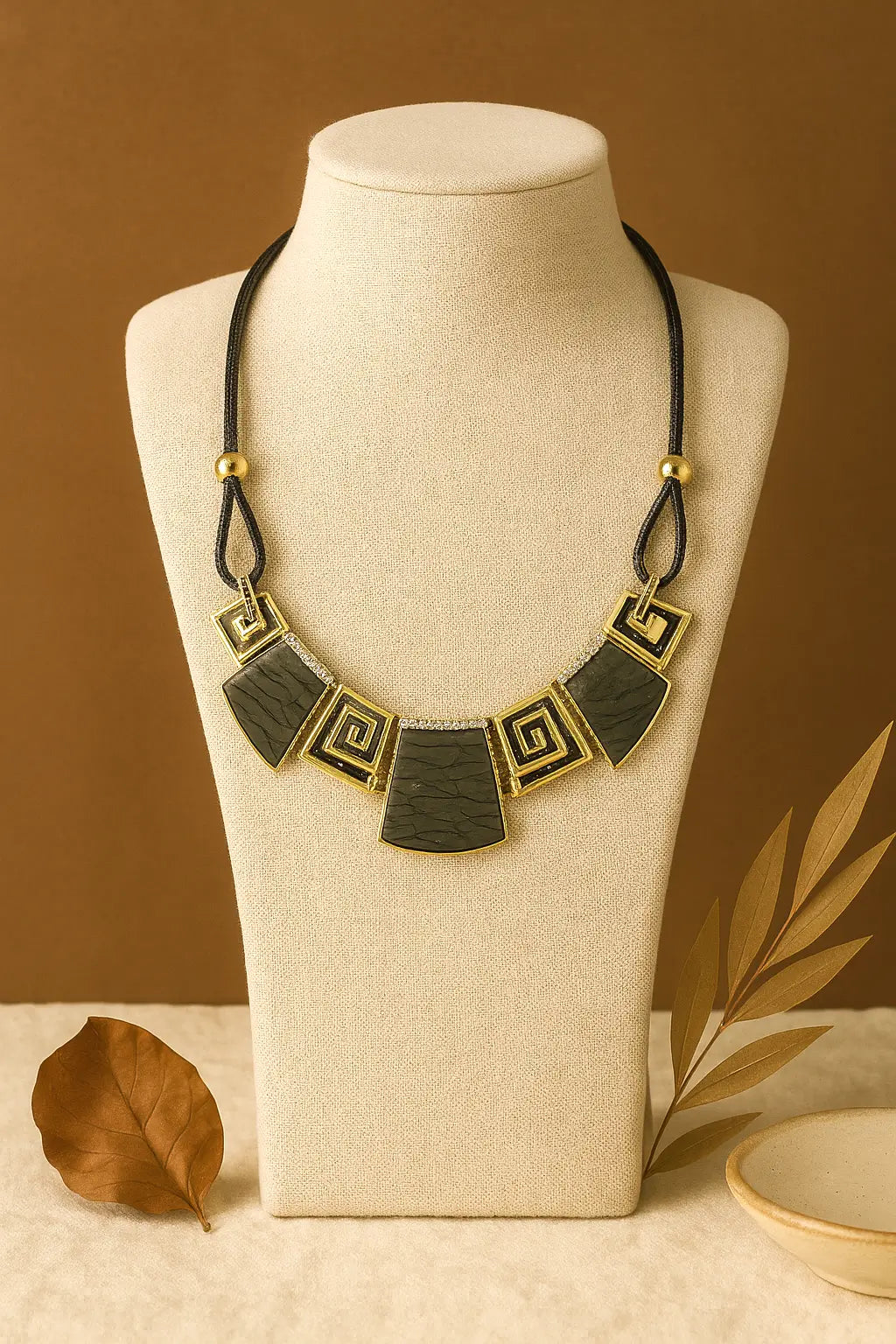 Black Terracotta Square Motif Necklace – Handmade