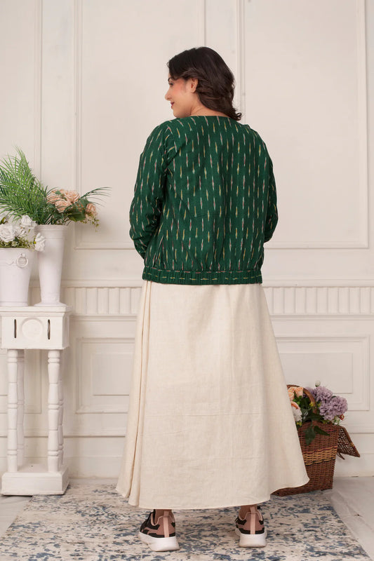 Khadi Maxi Dress with Ikat Jacket & Handpainted Buttons for Women