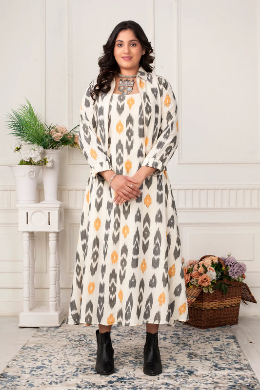 Daffodil Zipper Ikat Handloom Jacket Dress