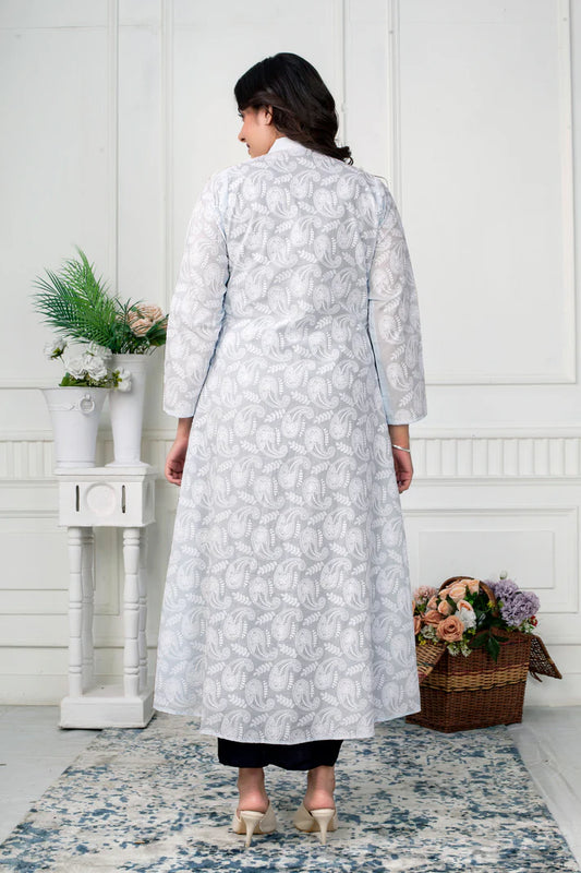 Navy Blue Draped Dress With Chickankari Jacket