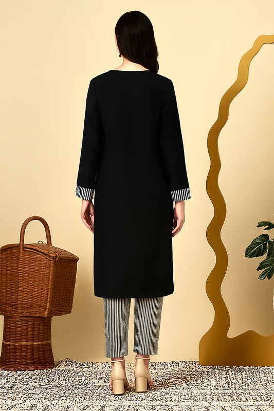 Black Kurta with Striped Pants for Women