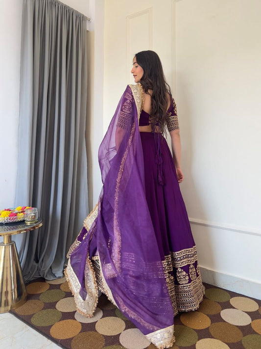 Embroidered Georgette Purple Lehenga Choli Set