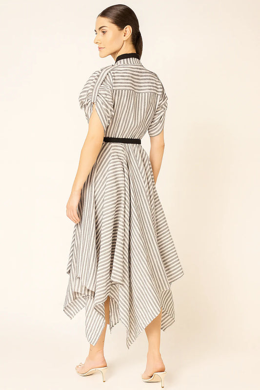 Grey and White Stripe Linen Handkerchief Dress for Women
