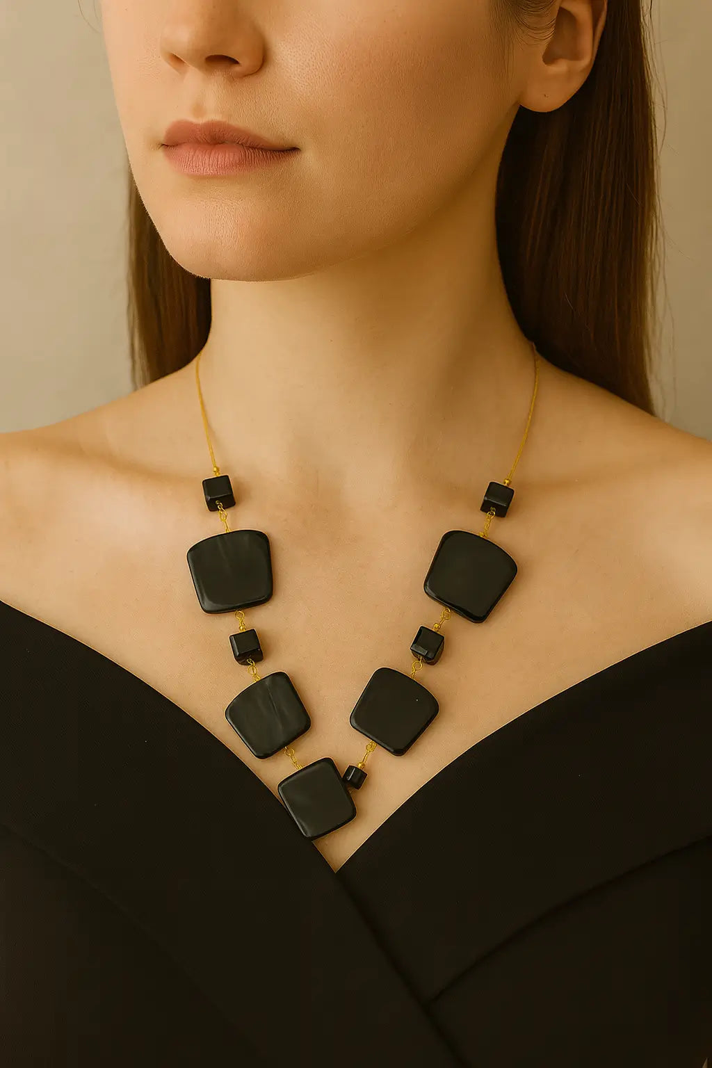 Matte Black Geometric Statement Necklace – Bold Style