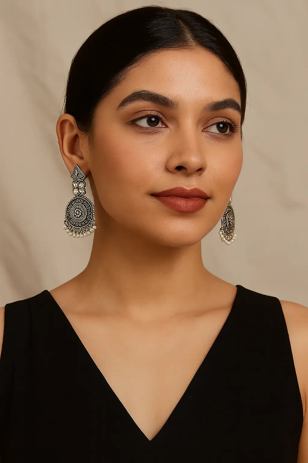 Oxidised Dome Earrings with Pearl Drops for Women