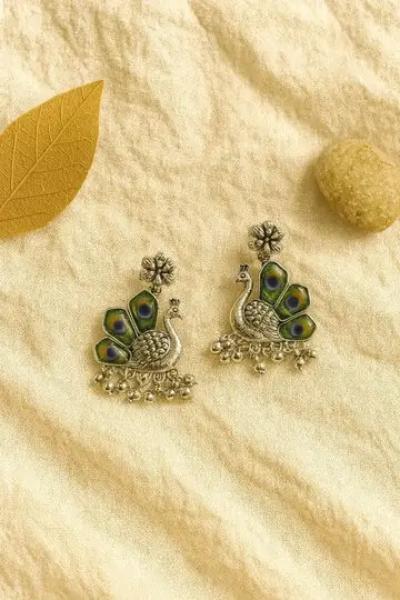 Peacock Design Oxidised Silver Earrings