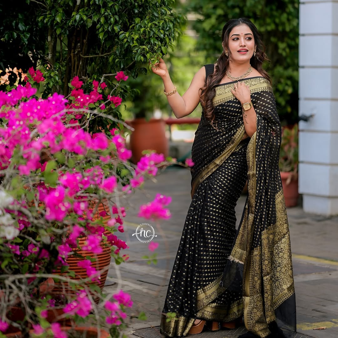 Black Soft Lichi Silk Jacquard Saree