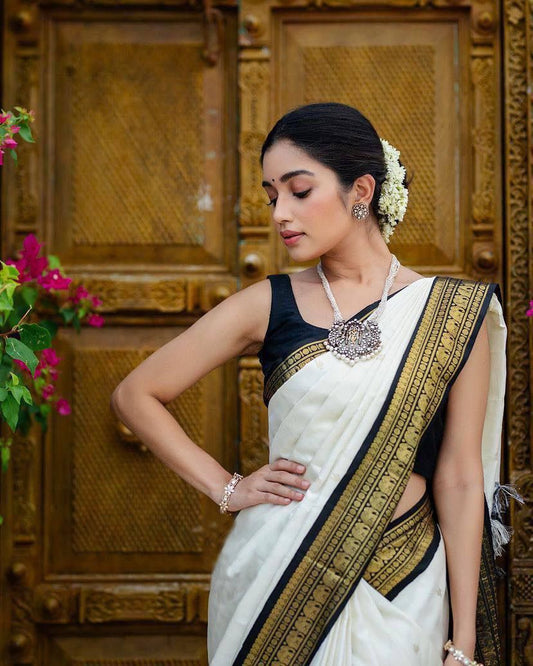 Black & White Soft Lichi Silk Jacquard Saree