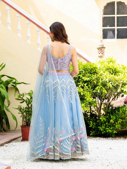 Sky Blue Reception Wear Net Lehenga Choli
