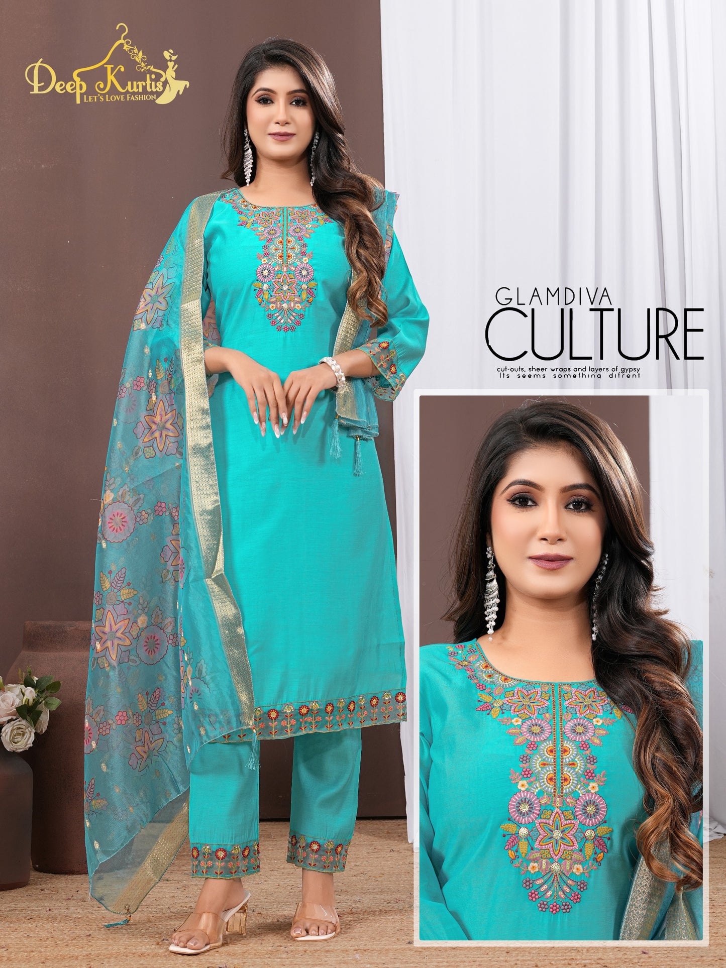 Roman Kurti 3 Piece Set with Multi Work Dupatta