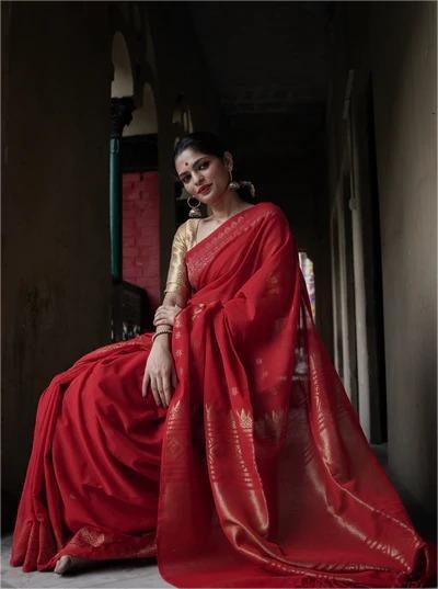 Banarasi Soft Lichi Silk Saree with All-Over Jacquard Work – Red