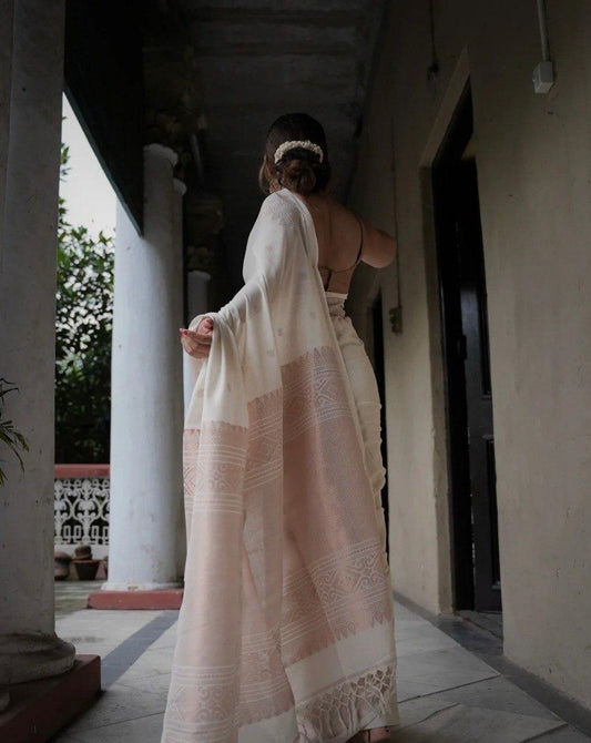 Banarasi Soft Lichi Silk Saree with All-Over Jacquard Work – White