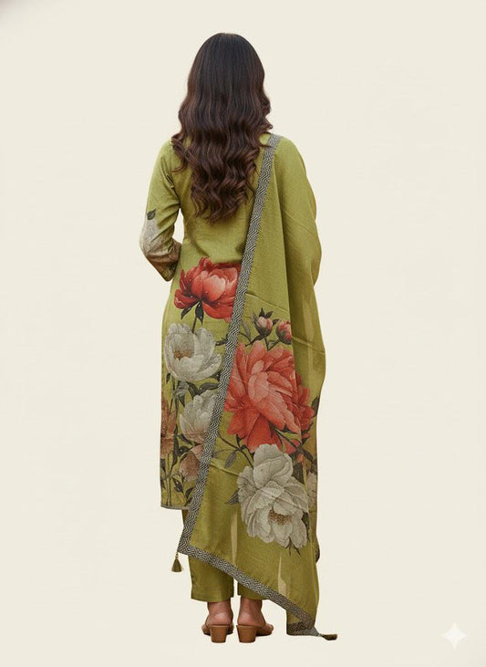 Green Pure Crepe Handwork Suit