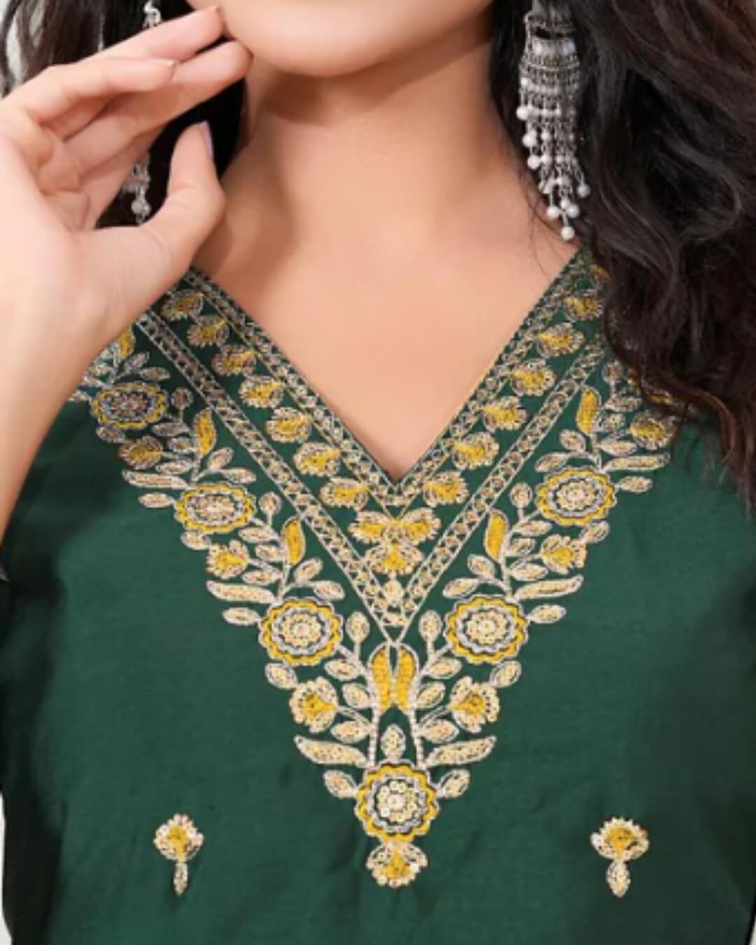 Women’s Green Embroidered Kurti Set with Mustard Pant