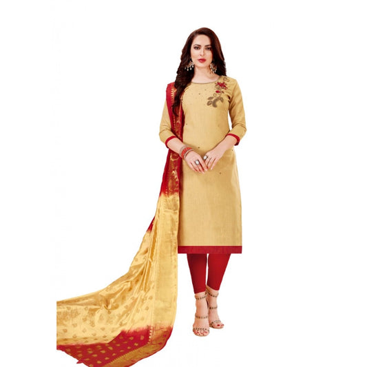 Slub Cotton Unstitched Salwar-Suit Material With Dupatta (Sandel, 2-2.5mtrs)