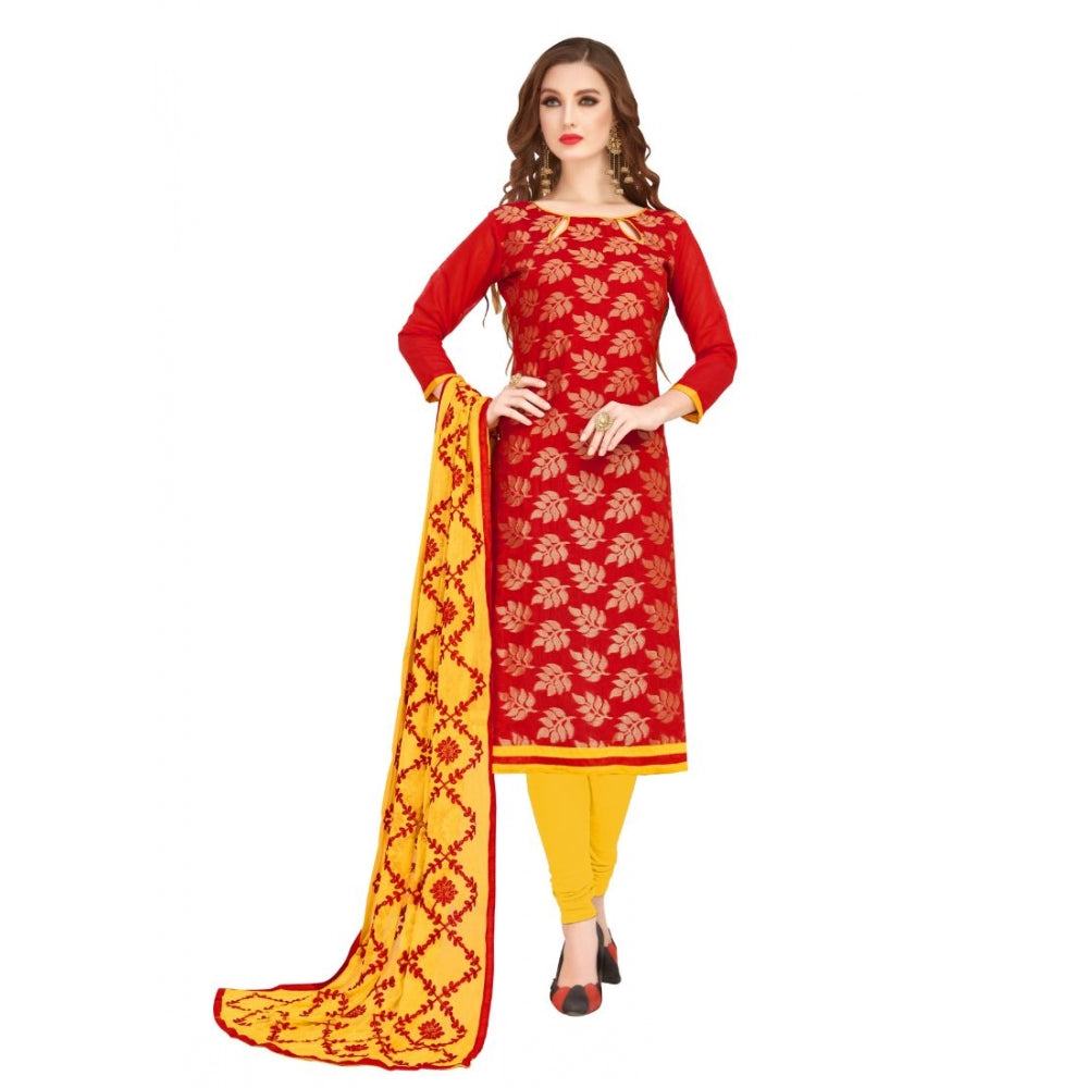 Red Banarasi Jacquard Unstitched Salwar-Suit Material with Dupatta