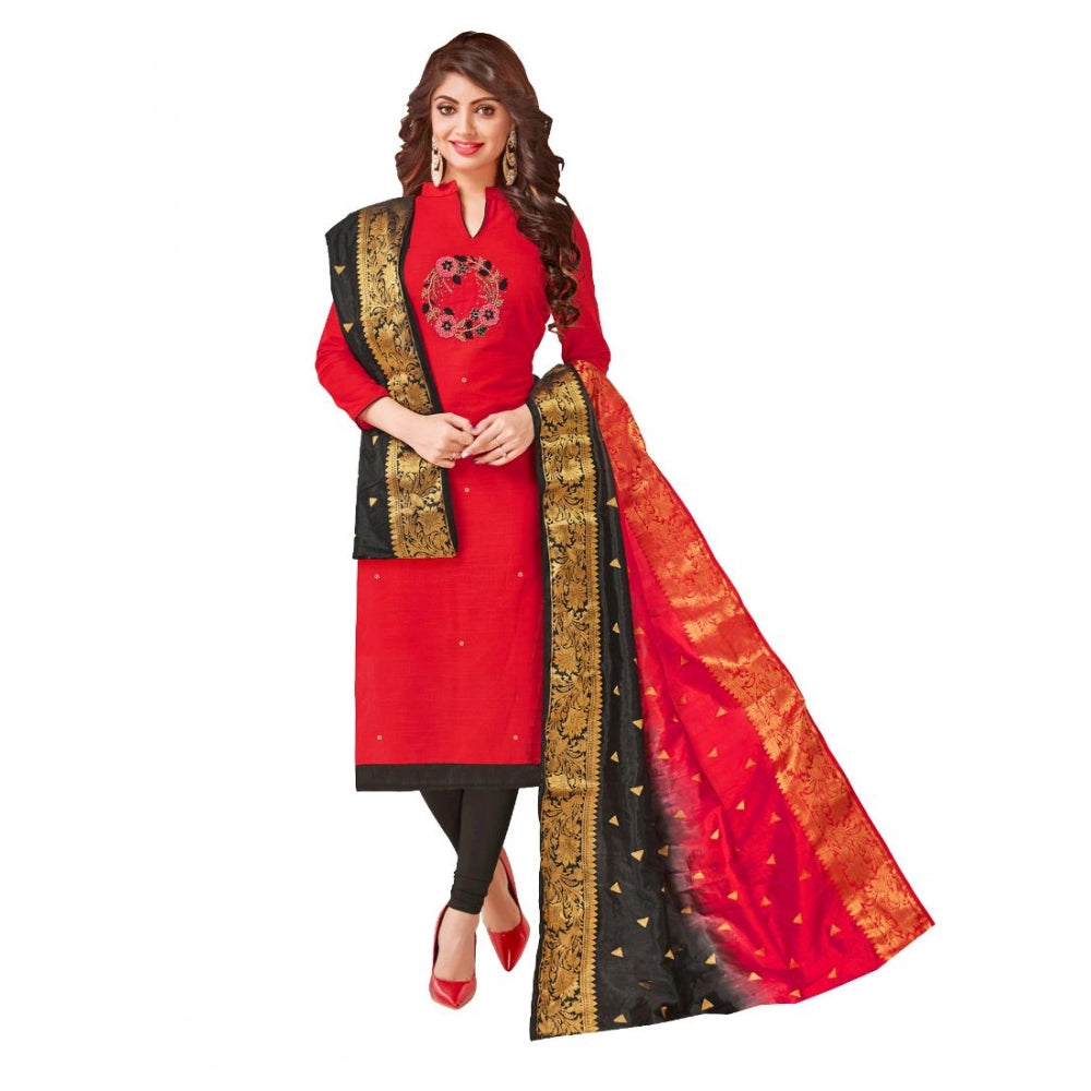 South Slub Cotton Unstitched Salwar-Suit Material With Dupatta (Red, 2-2.5mtrs)