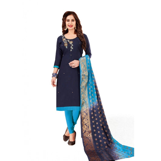 Slub Cotton Unstitched Salwar-Suit Material With Dupatta (Navy Blue, 2-2.5mtrs)