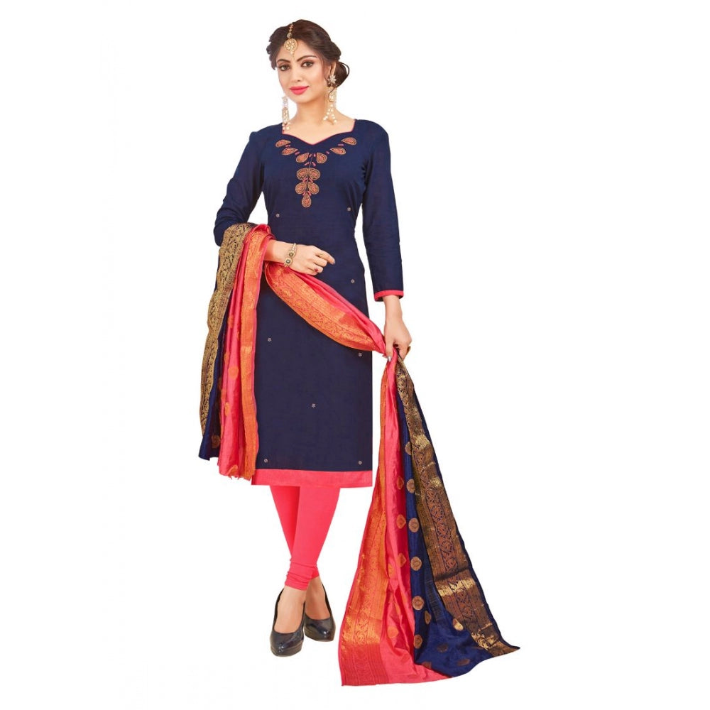 South Slub Cotton Unstitched Salwar-Suit Material With Dupatta (Navy Blue, 2-2.5mtrs)