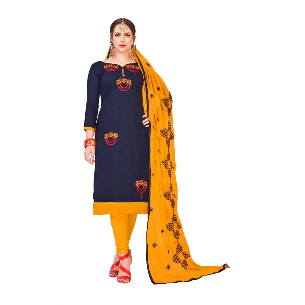 Slub Cotton Unstitched Salwar-Suit Material With Dupatta (Navy Blue, 2-2.5mtrs)