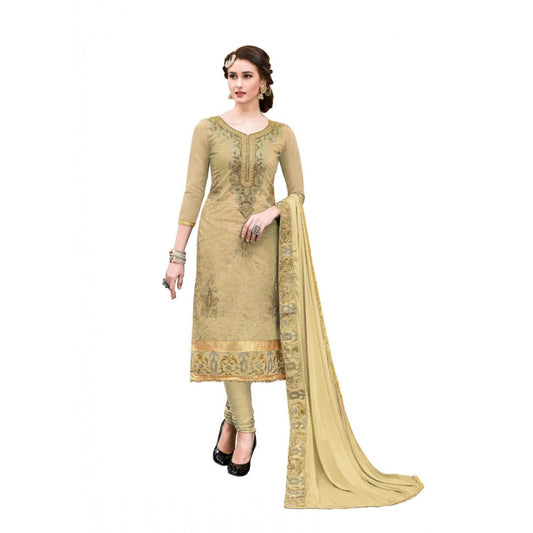 Beige Chanderi Cotton Unstitched Salwar-Suit Material with Dupatta