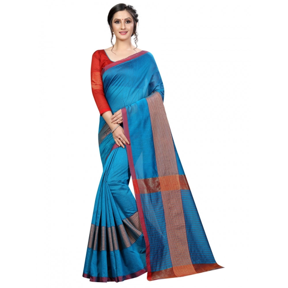 Cotton Saree With Blouse (Sky Blue, 5-6 Mtrs)