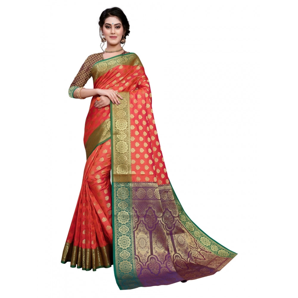 Sana Silk Jacquard Saree With Blouse (Orange, 5-6 Mtrs)