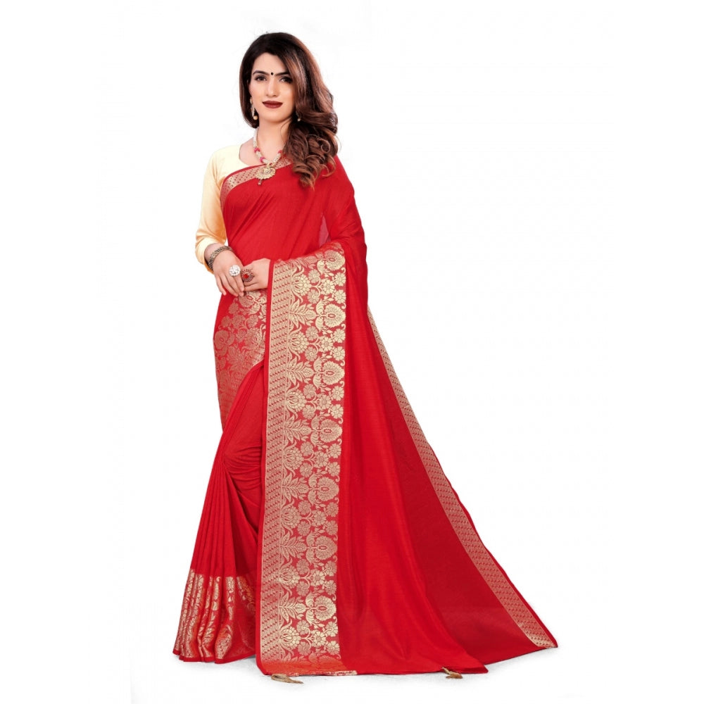 Vichitra Silk Saree With Blouse (Red, 5-6 Mtrs)