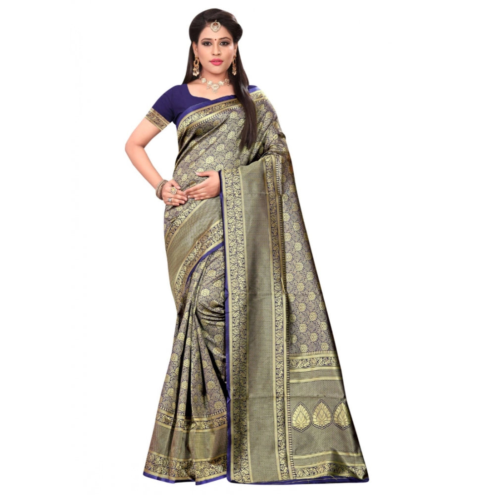 Banarasi silk Saree with Blouse (Navy blue, 5-6mtr)