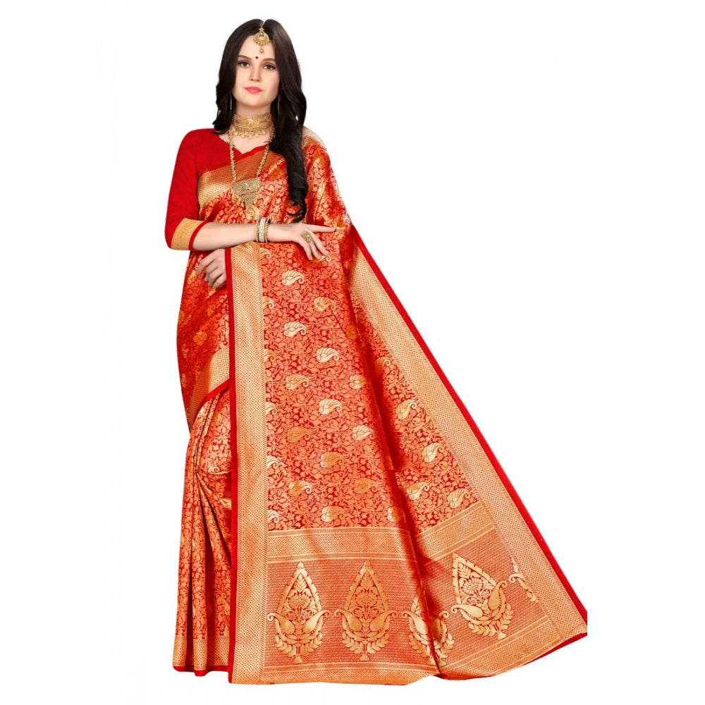 Banarasi silk Saree with Blouse (Red, 5-6mtr)