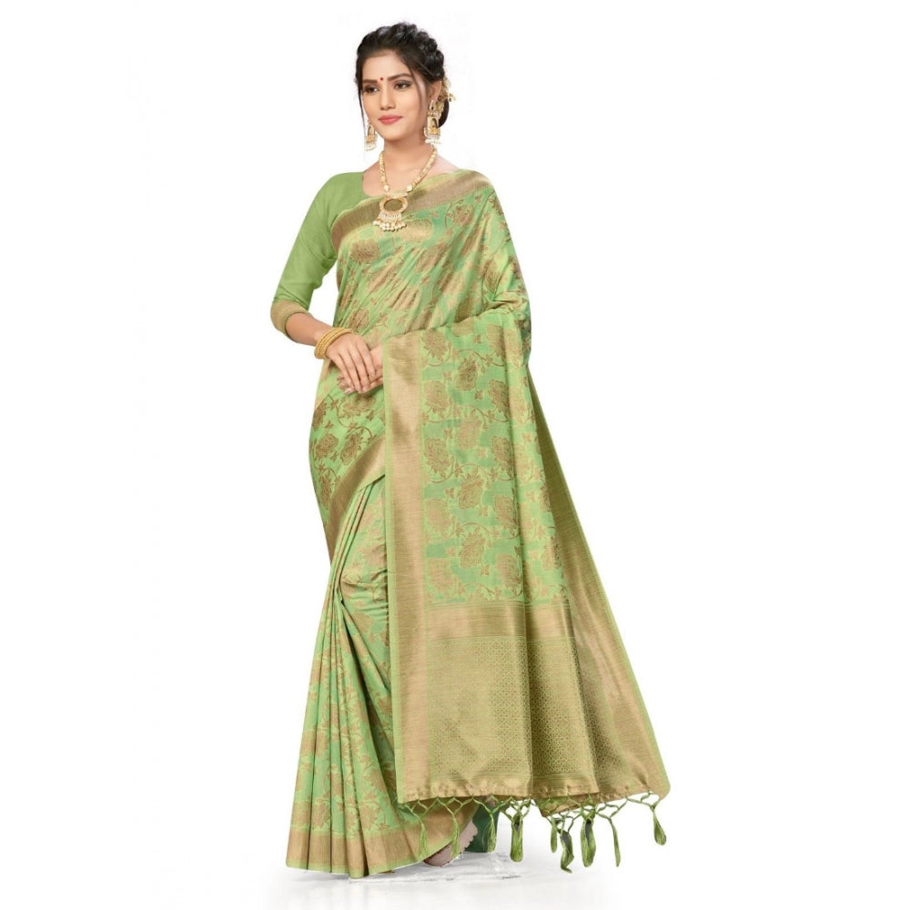 Banarasi (Spun Cotton) Saree (Pista Green,5-6 Mtrs)