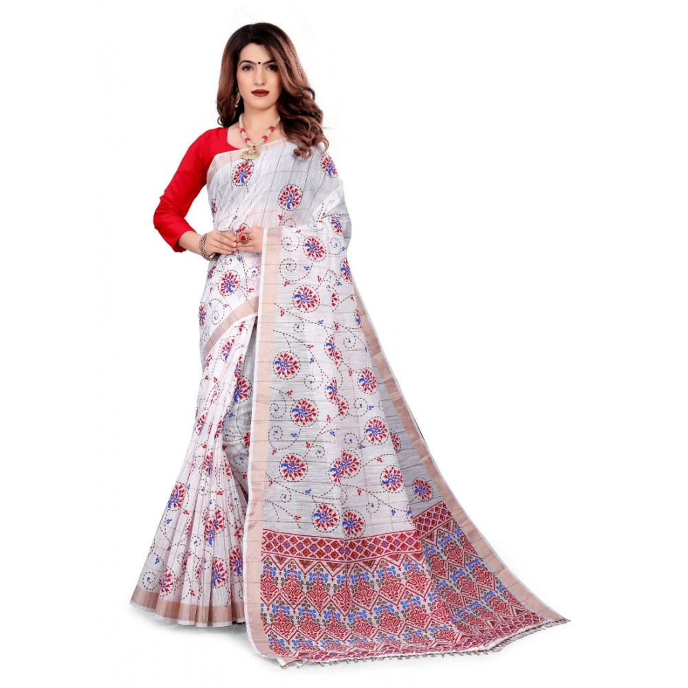 Cotton Blend Saree(White ,5-6Mtrs)