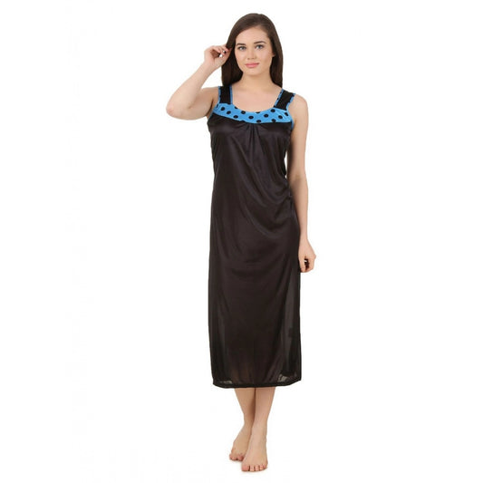 Women's Satin Long Nighty with Sleeve Less(Color: Turquoise and Black, Neck Type: U Neck)