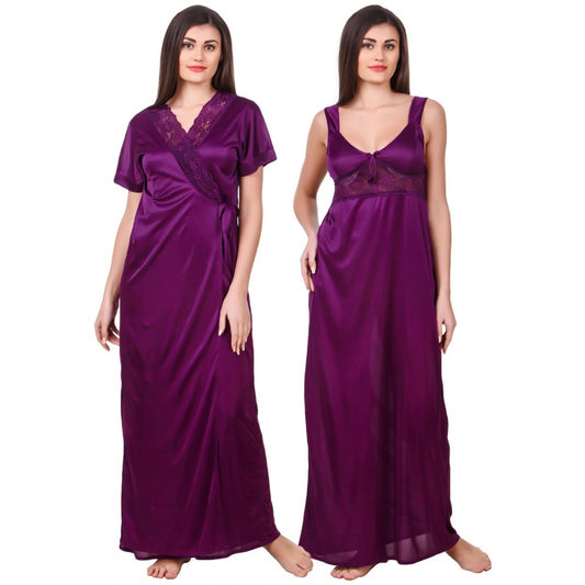 Women's Satin 2 PCs Set of Nighty And Wrap Gown with Half Sleeve(Color: Purple, Neck Type: Sweatheart Neck)