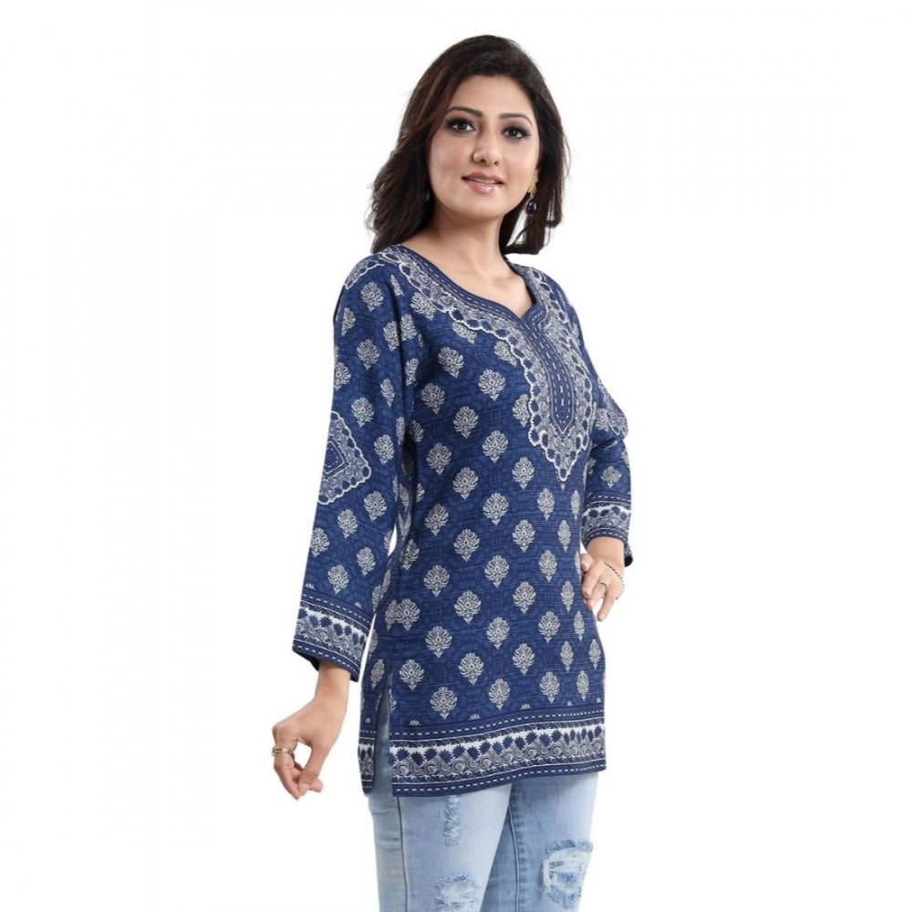 Quarter Sleeve Faux Crepe Printed Short Kurti Tunic Top (Color:Blue)