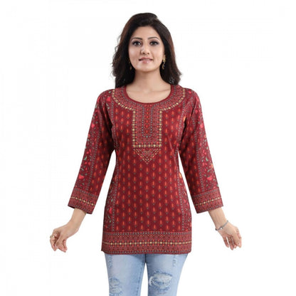 Quarter Sleeve Faux Crepe Printed Short Kurti Tunic Top (Color:Red)