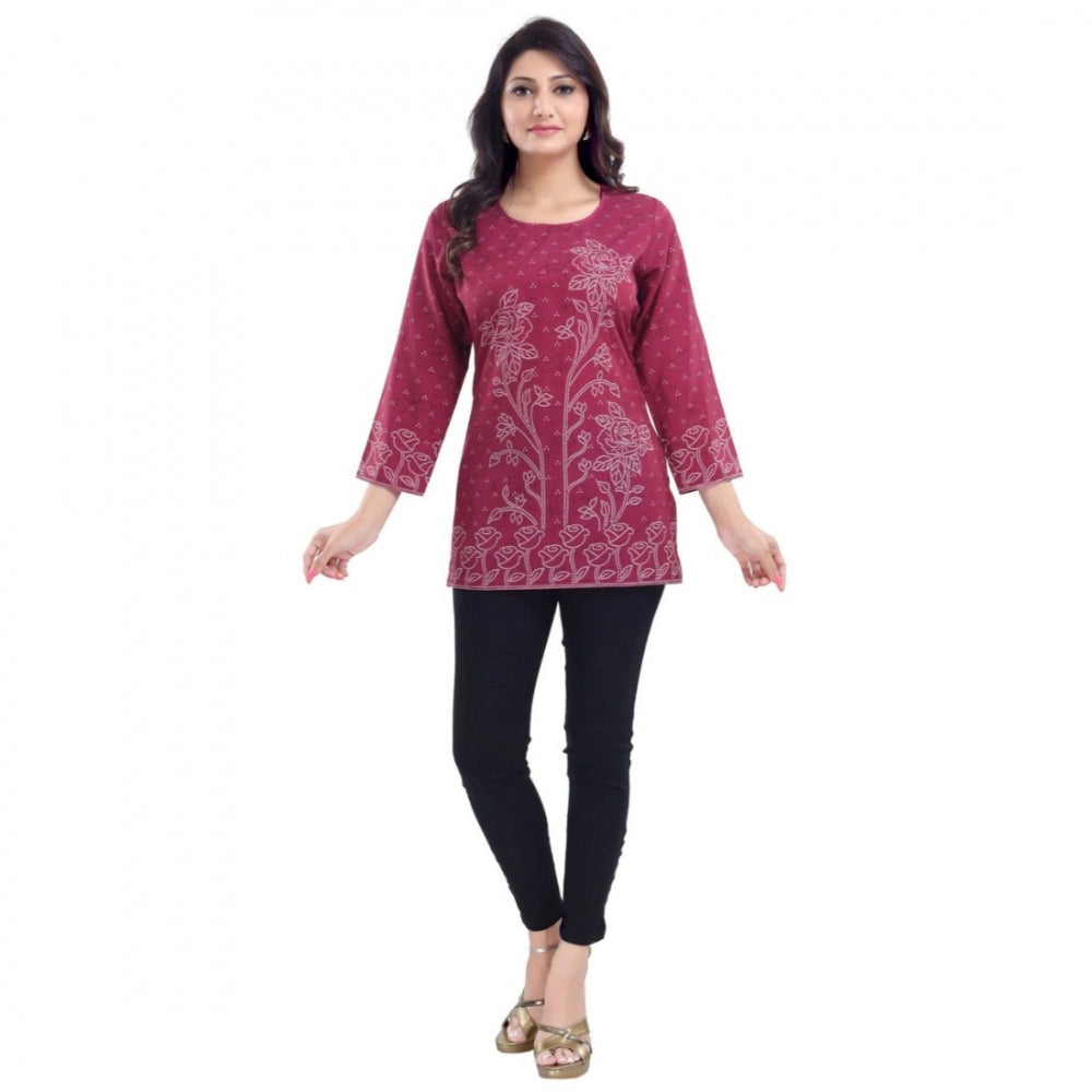 Quarter Sleeve Faux Crepe Printed Short Kurti Tunic Top (Color:Magenta)