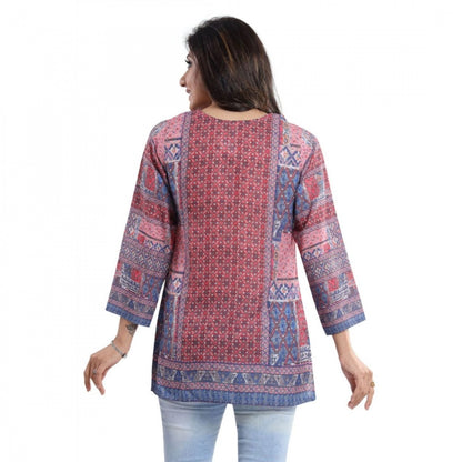 Quarter Sleeve Faux Crepe Printed Short Kurti Tunic Top (Color:Multicolor)