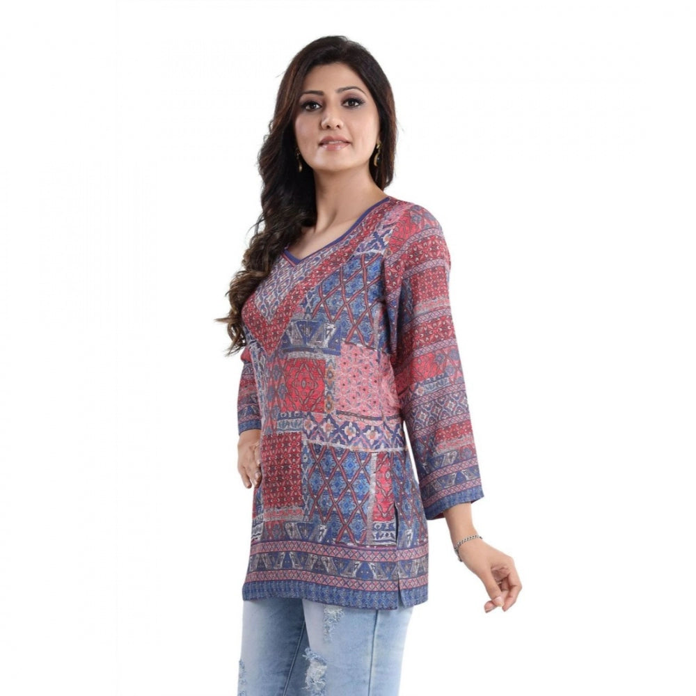 Quarter Sleeve Faux Crepe Printed Short Kurti Tunic Top (Color:Multicolor)